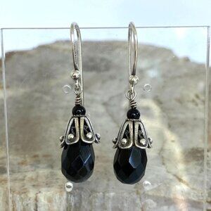 Sterling Silver 925 1.5" Checkerboard Faceted Black Glass Beaded Dangle Earrings